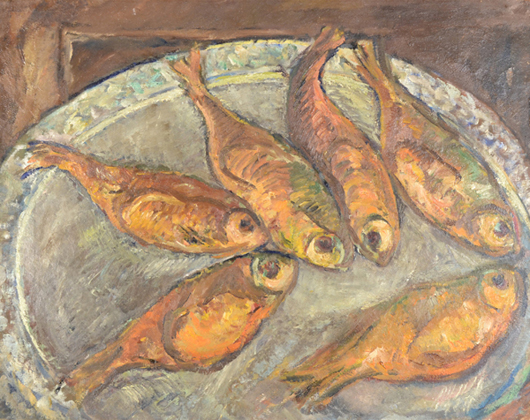 Mikhail Larionov (Russian, 1881-1964), Fish on a Plannter, oil on canvas, signed lower right and dated indistinctly. Provenance: Christie’s, May 21, 1982 to a private collector in N.J. Authenticated 1963. Image courtesy of Trinity International Auctions.